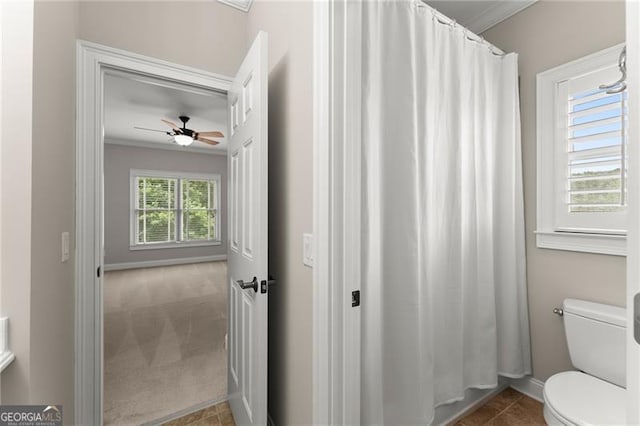 3311 Marina View Way, Gainesville, GA 30506 - full bath with crown molding, a ceiling fan, tile patterned floors, and a shower with shower curtain