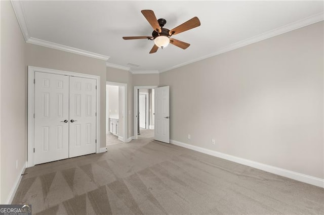 3311 Marina View Way, Gainesville, GA 30506 - unfurnished bedroom with light carpet, crown molding, a closet, a ceiling fan, and ensuite bathroom