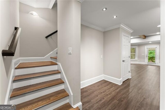 3311 Marina View Way, Gainesville, GA 30506 - stairs with wood finished floors, recessed lighting, and crown molding