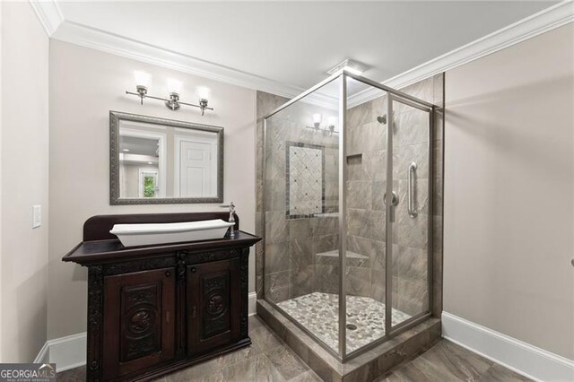 3311 Marina View Way, Gainesville, GA 30506 - full bathroom featuring a stall shower, vanity, and crown molding