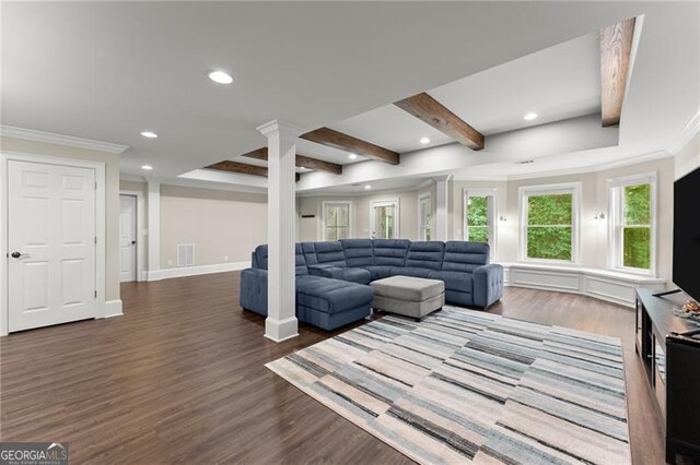 3311 Marina View Way, Gainesville, GA 30506 - living area with ornate columns, crown molding, wood finished floors, recessed lighting, and beamed ceiling