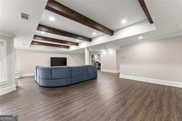3311 Marina View Way, Gainesville, GA 30506 - living room featuring wood finished floors, recessed lighting, and beamed ceiling