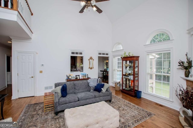 204 Pinehurst Way, Carrollton, GA 30116 - living room with a ceiling fan, a high ceiling, healthy amount of natural light, and wood finished floors