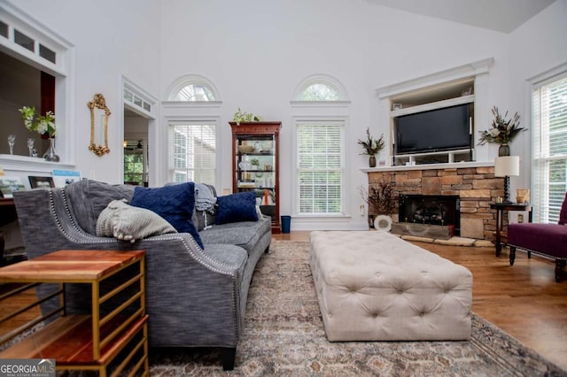 204 Pinehurst Way, Carrollton, GA 30116 - living area with a fireplace, wood finished floors, and high vaulted ceiling