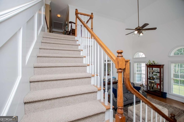 204 Pinehurst Way, Carrollton, GA 30116 - staircase with a high ceiling, wood finished floors, and ceiling fan