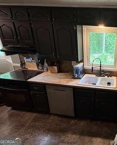 2497 Old Jackson Rd, Locust Grove, GA 30248 - kitchen with light countertops, stainless steel dishwasher, black electric range oven, and dark cabinets