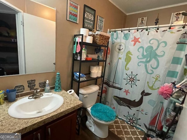 601 Auburn Rd, Glennville, GA 30427 - bathroom with vanity, crown molding, and curtained shower