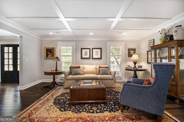 1379 Cambridge Ct NE, Brookhaven, GA 30319 - living area with healthy amount of natural light, coffered ceiling, wood finished floors, recessed lighting, and beamed ceiling
