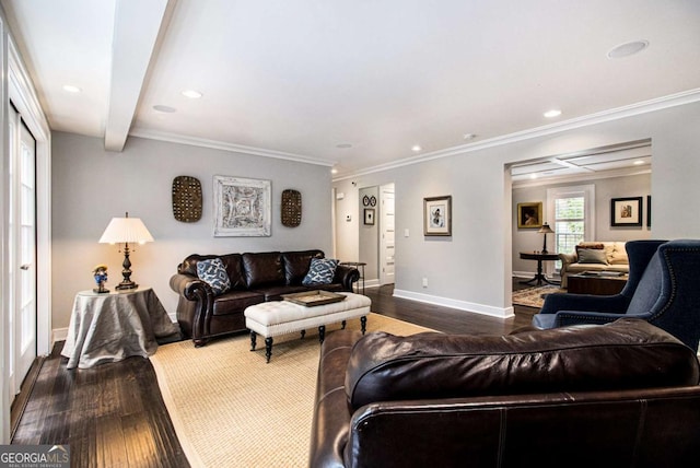 1379 Cambridge Ct NE, Brookhaven, GA 30319 - living room with dark wood-style floors, ornamental molding, and recessed lighting