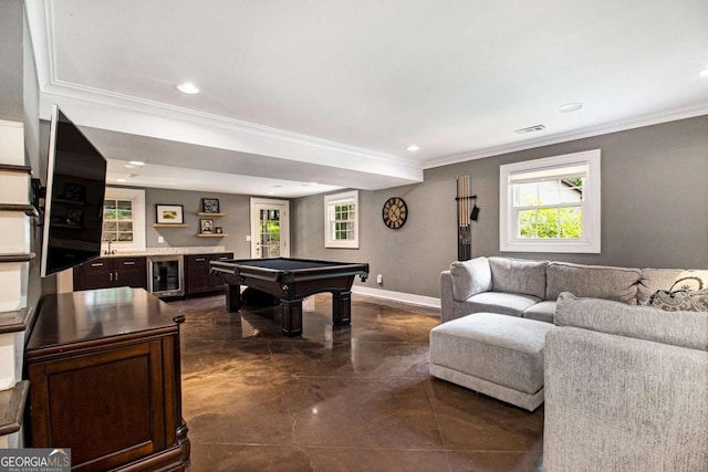 1379 Cambridge Ct NE, Brookhaven, GA 30319 - rec room with crown molding, plenty of natural light, beverage cooler, billiards, and recessed lighting