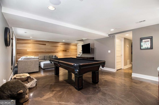 1379 Cambridge Ct NE, Brookhaven, GA 30319 - rec room with wood walls, recessed lighting, pool table, and concrete floors