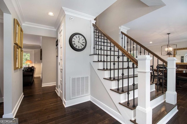 1379 Cambridge Ct NE, Brookhaven, GA 30319 - stairs with ornamental molding, wood-type flooring, a chandelier, and recessed lighting