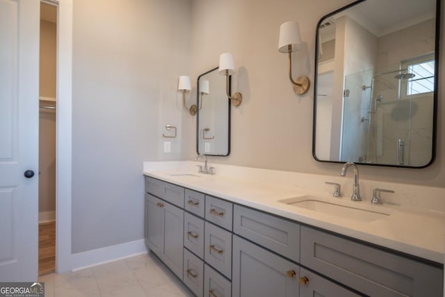 145 Holmes Ave, Athens, GA 30606 - bathroom with a stall shower, double vanity, and marble finish flooring