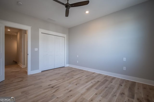 145 Holmes Ave, Athens, GA 30606 - unfurnished bedroom featuring light wood finished floors, a closet, recessed lighting, and ceiling fan