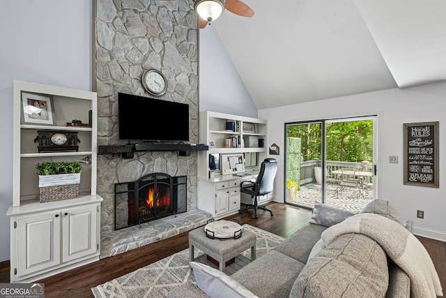 3648 Sope Creek Farm SE, Marietta, GA 30067 - living room with a fireplace, ceiling fan, dark wood finished floors, and high vaulted ceiling