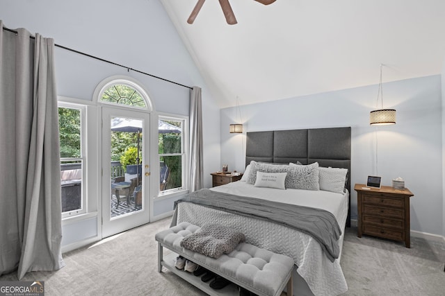 3648 Sope Creek Farm SE, Marietta, GA 30067 - bedroom with carpet, access to outside, high vaulted ceiling, and ceiling fan