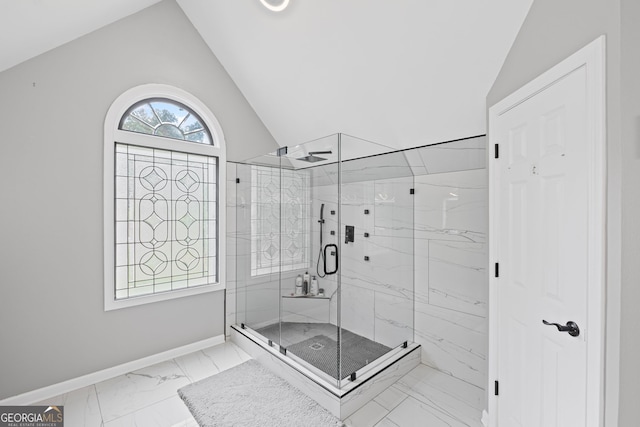 3648 Sope Creek Farm SE, Marietta, GA 30067 - full bath with marble finish floors, lofted ceiling, and a marble finish shower