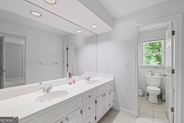 3648 Sope Creek Farm SE, Marietta, GA 30067 - full bath with double vanity, tile patterned floors, and recessed lighting