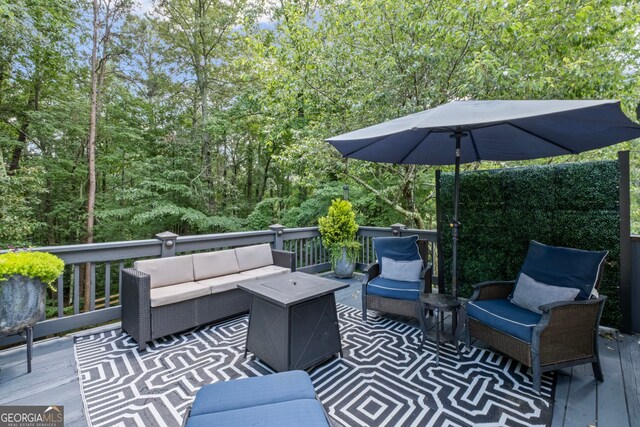 3648 Sope Creek Farm SE, Marietta, GA 30067 - wooden deck with an outdoor hangout area and a forest view