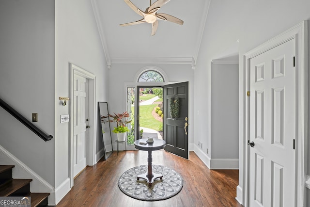 3648 Sope Creek Farm SE, Marietta, GA 30067 - foyer entrance featuring high vaulted ceiling, stairway, ceiling fan, wood finished floors, and beam ceiling
