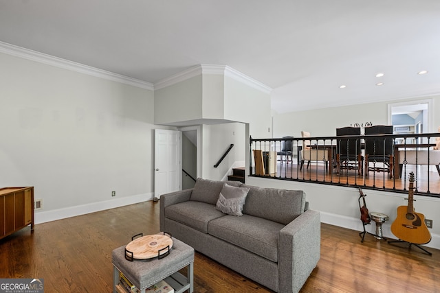 3648 Sope Creek Farm SE, Marietta, GA 30067 - living room featuring ornamental molding, wood finished floors, recessed lighting, and stairway