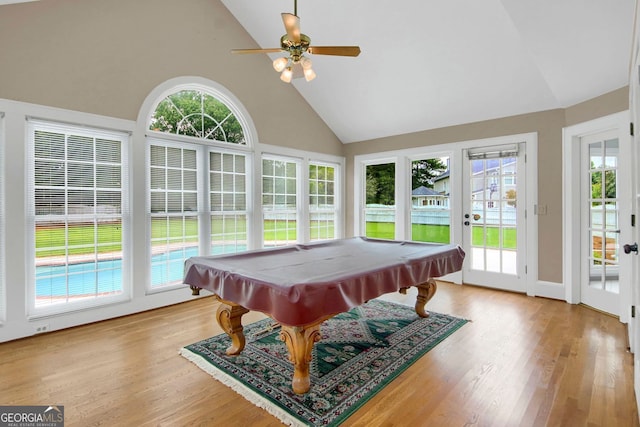 1197 Kenilworth Trce, Snellville, GA 30078 - game room featuring high vaulted ceiling, wood finished floors, a ceiling fan, and pool table