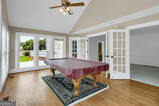 1197 Kenilworth Trce, Snellville, GA 30078 - recreation room with french doors, high vaulted ceiling, billiards, light wood-type flooring, and a ceiling fan