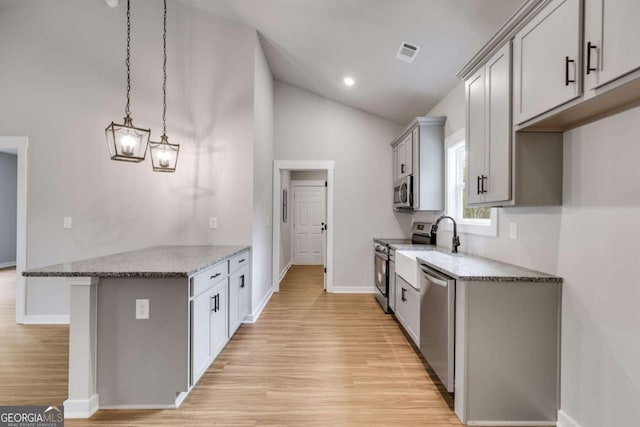 TRACT3 Grogan Rd, Buchanan, GA 30113 - kitchen with appliances with stainless steel finishes, light wood-type flooring, light stone countertops, a peninsula, and high vaulted ceiling