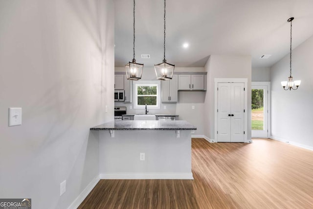 TRACT3 Grogan Rd, Buchanan, GA 30113 - kitchen with a chandelier, appliances with stainless steel finishes, wood finished floors, a peninsula, and a breakfast bar area