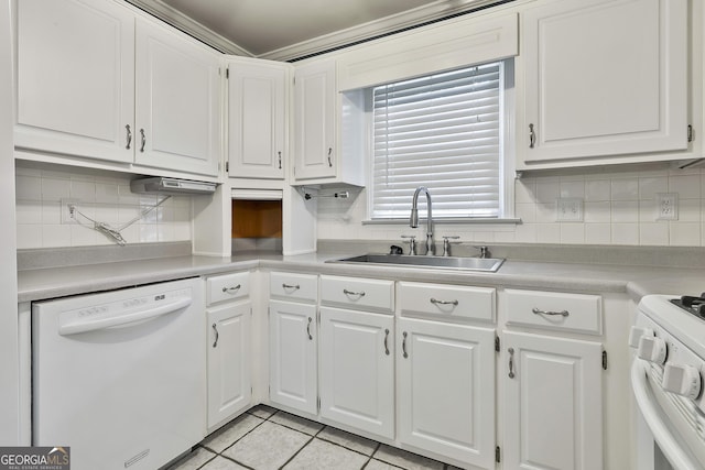 77 Springfield Ct, Newnan, GA 30265 - kitchen with white appliances, light tile patterned floors, white cabinetry, decorative backsplash, and light countertops