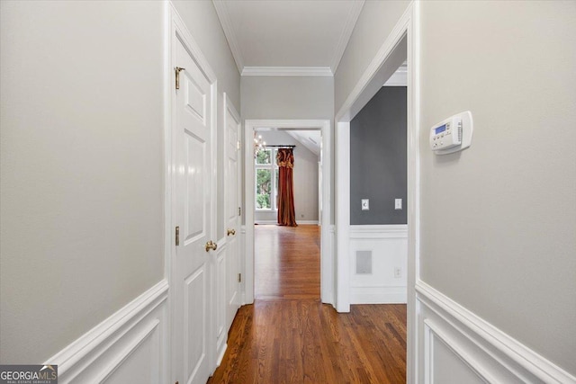 133 N Wellington, Macon, GA 31210 - hall with crown molding, dark wood-style flooring, and a wainscoted wall
