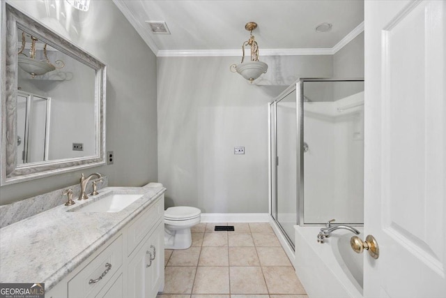 133 N Wellington, Macon, GA 31210 - full bathroom with a stall shower, vanity, crown molding, a garden tub, and tile patterned flooring