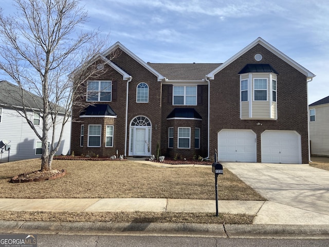 1238 Polk Xing, Mcdonough, GA 30252 - view of front of house featuring concrete driveway, an attached garage, brick siding, and a front lawn