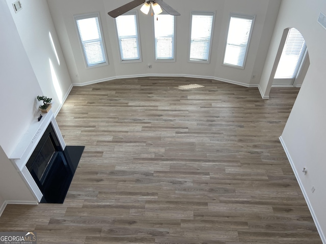 1238 Polk Xing, Mcdonough, GA 30252 - unfurnished living room with a ceiling fan, wood finished floors, and arched walkways