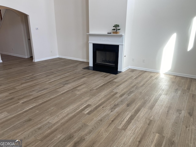 1238 Polk Xing, Mcdonough, GA 30252 - unfurnished living room featuring arched walkways, a fireplace, and wood finished floors