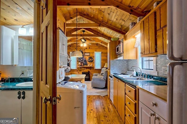 41 Wilderness Ct, Blairsville, GA 30512 - kitchen featuring stainless steel appliances, wooden ceiling, light wood-style floors, decorative backsplash, and wood walls