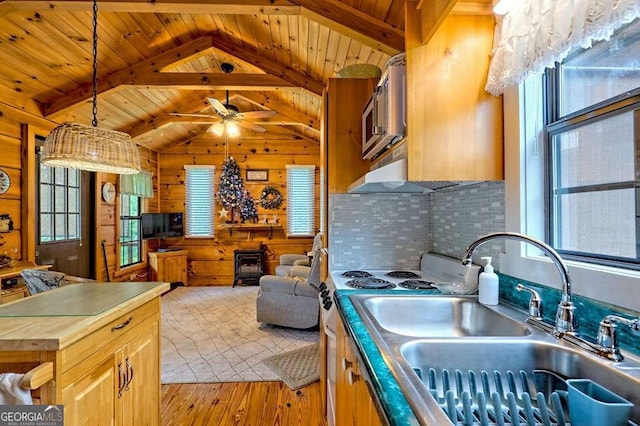 41 Wilderness Ct, Blairsville, GA 30512 - kitchen featuring butcher block counters, wood walls, wood ceiling, light wood-type flooring, and open floor plan