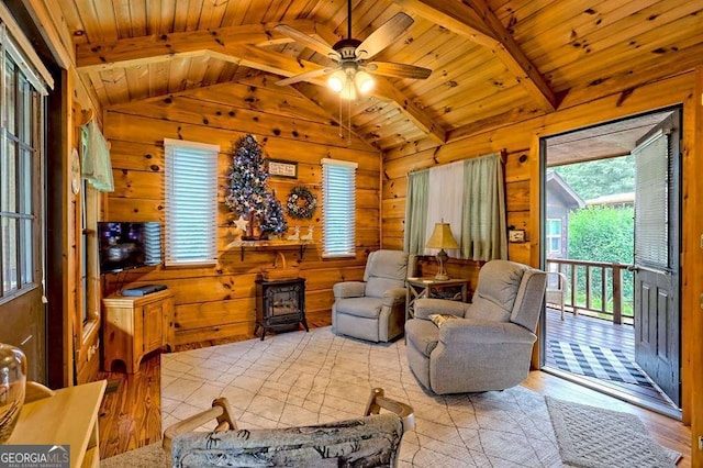 41 Wilderness Ct, Blairsville, GA 30512 - living room with a wood stove, wooden ceiling, wooden walls, wood finished floors, and ceiling fan