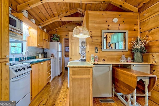 41 Wilderness Ct, Blairsville, GA 30512 - kitchen with white appliances, wooden ceiling, light wood-style flooring, under cabinet range hood, and wood walls