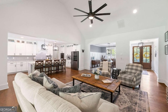 213 River Trl, Ball Ground, GA 30107 - living area featuring high vaulted ceiling, ceiling fan, dark wood-style floors, and recessed lighting