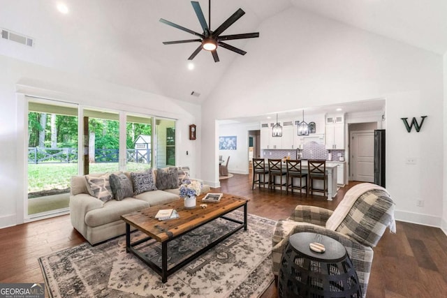 213 River Trl, Ball Ground, GA 30107 - living room featuring high vaulted ceiling, a ceiling fan, recessed lighting, and dark wood-style floors