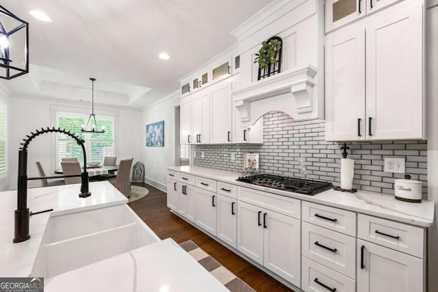213 River Trl, Ball Ground, GA 30107 - kitchen with black gas stovetop, tasteful backsplash, white cabinets, dark wood-style floors, and a tray ceiling
