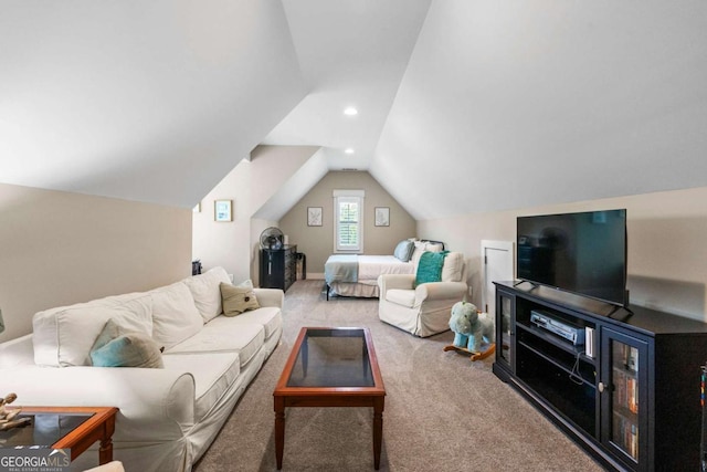 213 River Trl, Ball Ground, GA 30107 - living room featuring carpet and vaulted ceiling