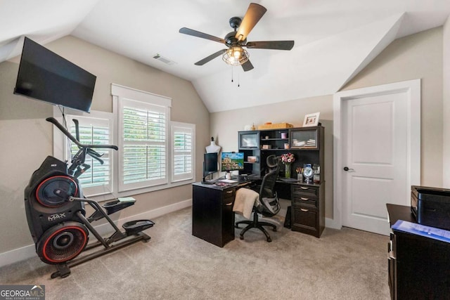 213 River Trl, Ball Ground, GA 30107 - home office featuring lofted ceiling, ceiling fan, and light colored carpet