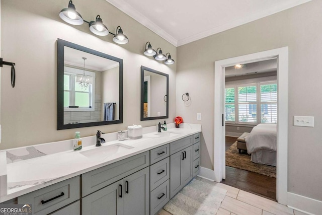 213 River Trl, Ball Ground, GA 30107 - full bath featuring double vanity, plenty of natural light, ornamental molding, and ensuite bath