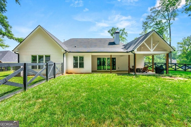 213 River Trl, Ball Ground, GA 30107 - rear view of property with a gate, a chimney, a fenced backyard, and a patio