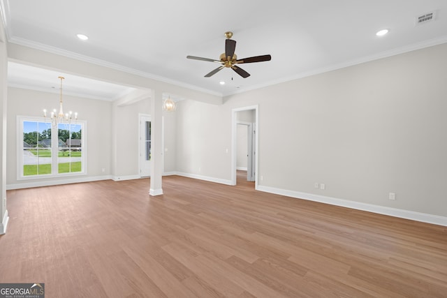 19 Honeysuckle Dr, Claxton, GA 30417 - unfurnished living room featuring a ceiling fan, light wood-style floors, a chandelier, recessed lighting, and crown molding