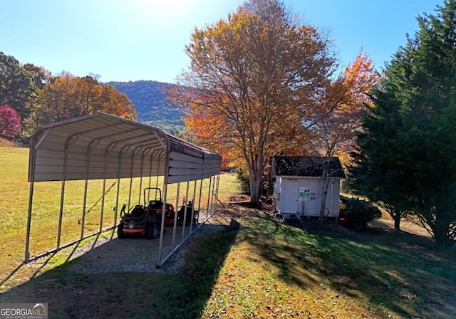104 Bowers Cir, Blairsville, GA 30512 - view of green lawn featuring a detached carport, a storage unit, and driveway