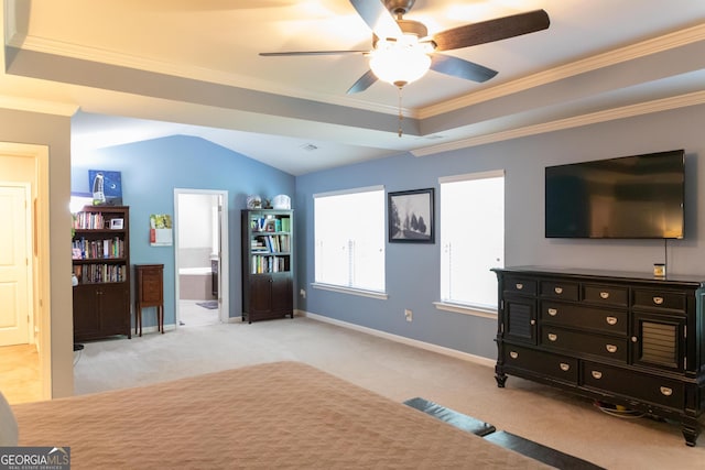 6695 Grove Meadows Ln, Cumming, GA 30028 - carpeted bedroom with crown molding, ensuite bath, and a ceiling fan
