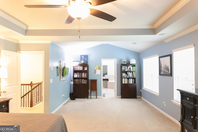 6695 Grove Meadows Ln, Cumming, GA 30028 - bedroom with light colored carpet, crown molding, a tray ceiling, ensuite bathroom, and a ceiling fan